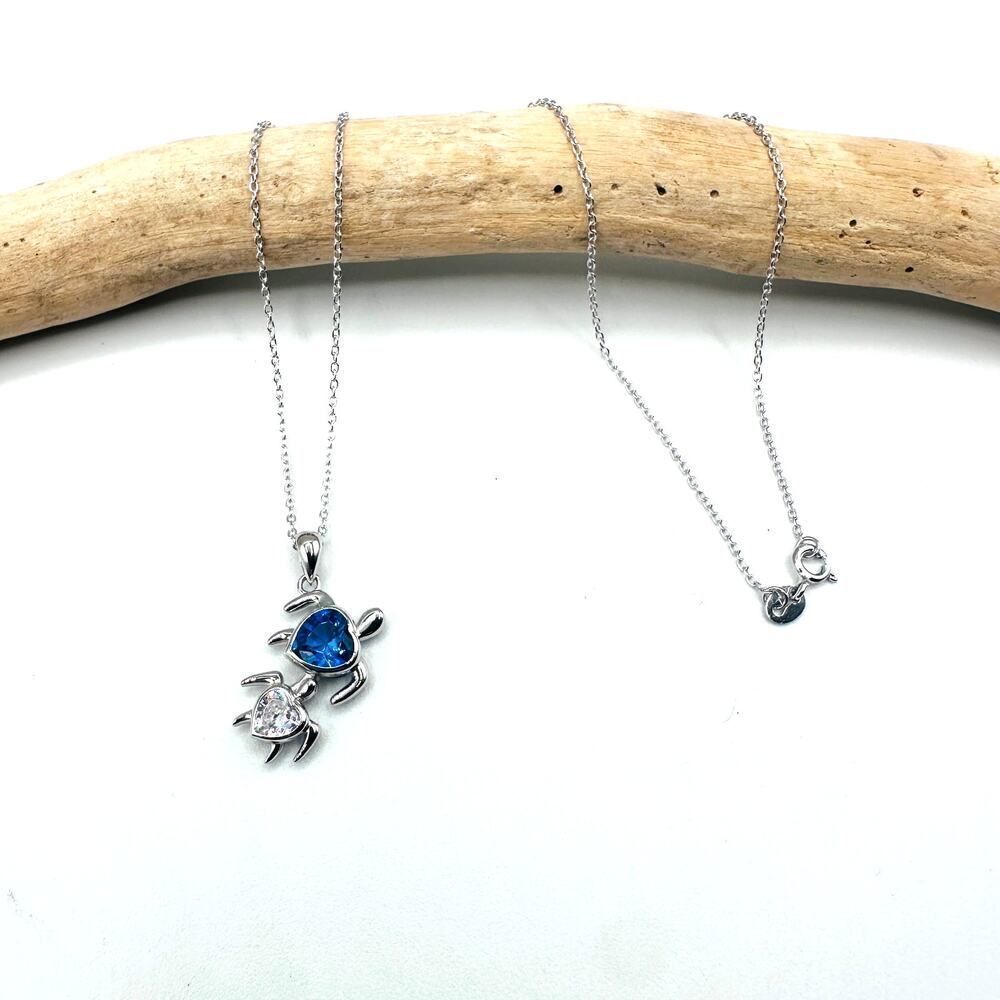 Sterling Silver Mom and Baby Turtle CZ Heart Necklace